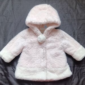 Sara's Prints Light Pink Faux Fur Hooded Coat with Cream Trim